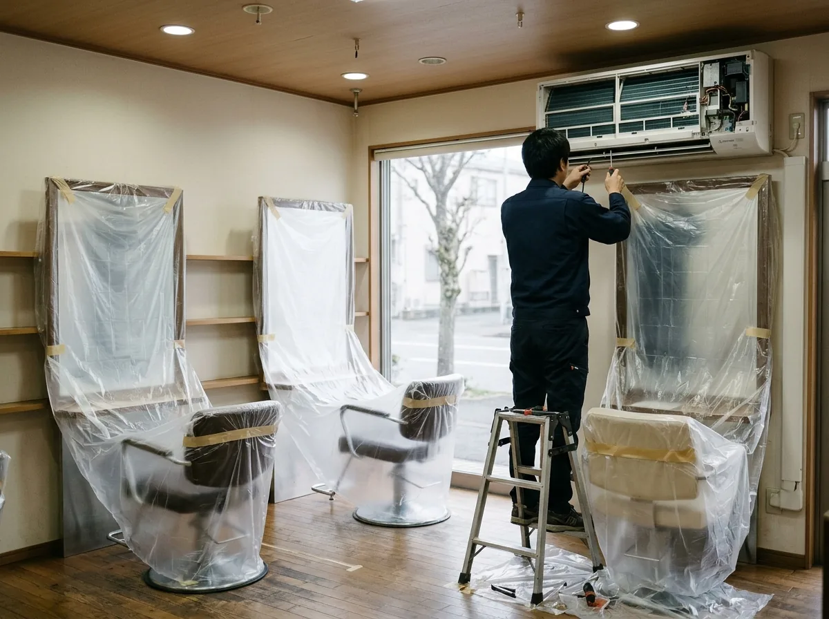 定休日の美容室で、セット面の椅子と鏡台を透明のシートで覆い、壁の業務用エアコンを脚立の上で洗っている後ろ姿