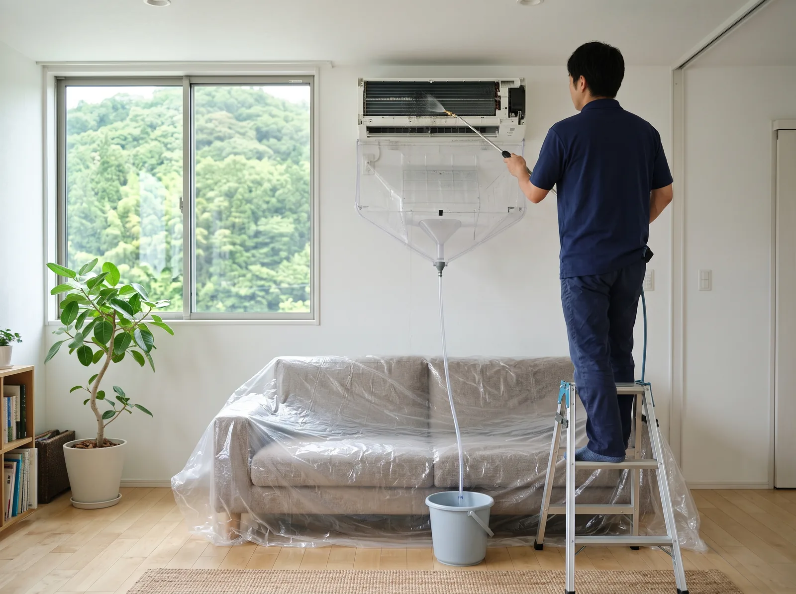 緑の見える窓のあるリビングで、脚立に乗った作業者が洗浄カバーを付けた壁掛けエアコンの熱交換器をノズルで洗っている様子