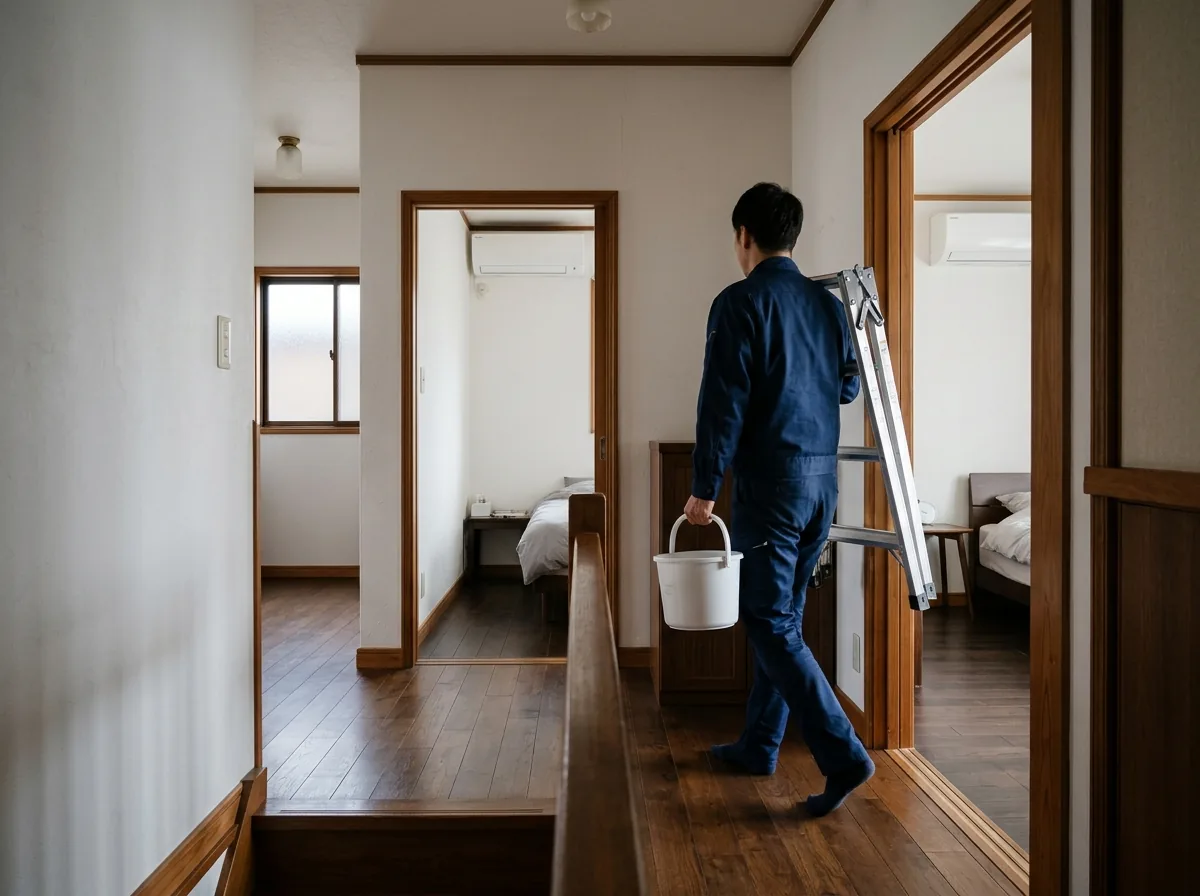 二階建ての住宅の廊下を、たたんだ脚立とバケツを持った作業者が次の部屋へ移っている後ろ姿
