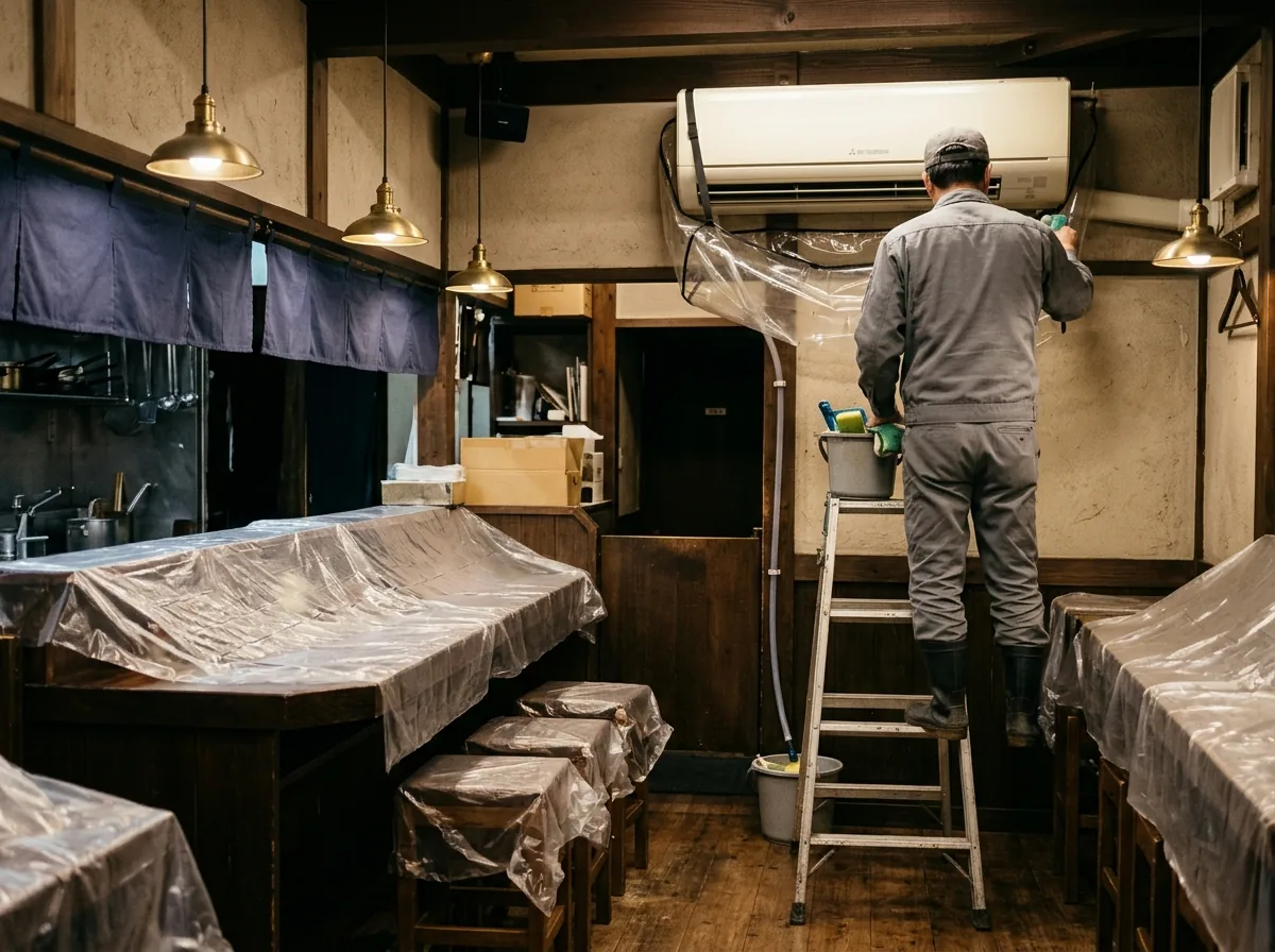 閉店後の小さな飲食店で、カウンターといすを透明のシートで覆い、壁の業務用エアコンに洗浄カバーを付けて脚立の上で作業している後ろ姿