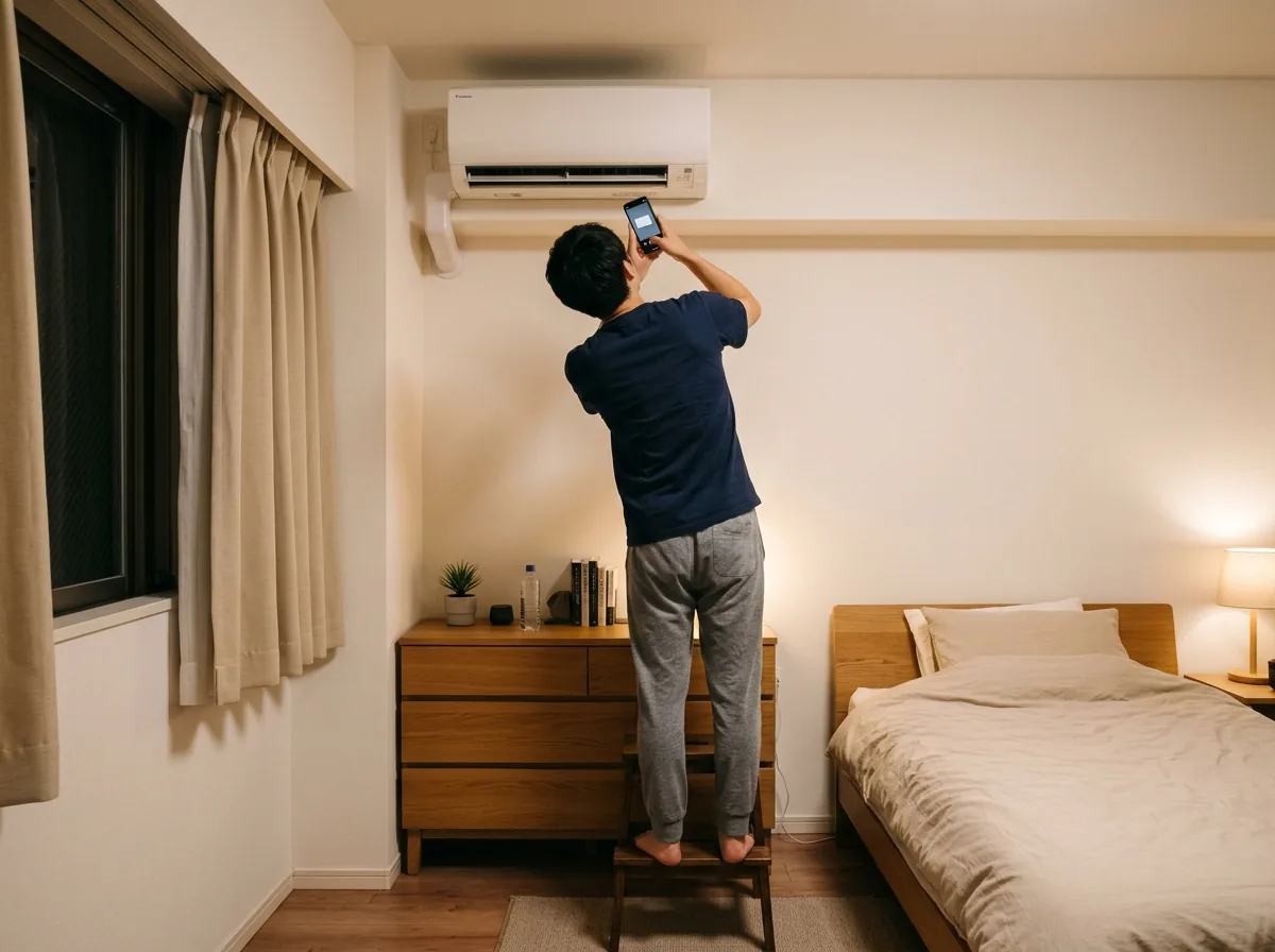 洗面所の踏み台に乗った人が、壁掛けエアコンの本体の下側をのぞき込み、スマートフォンで型番シールを撮ろうとしている後ろ姿