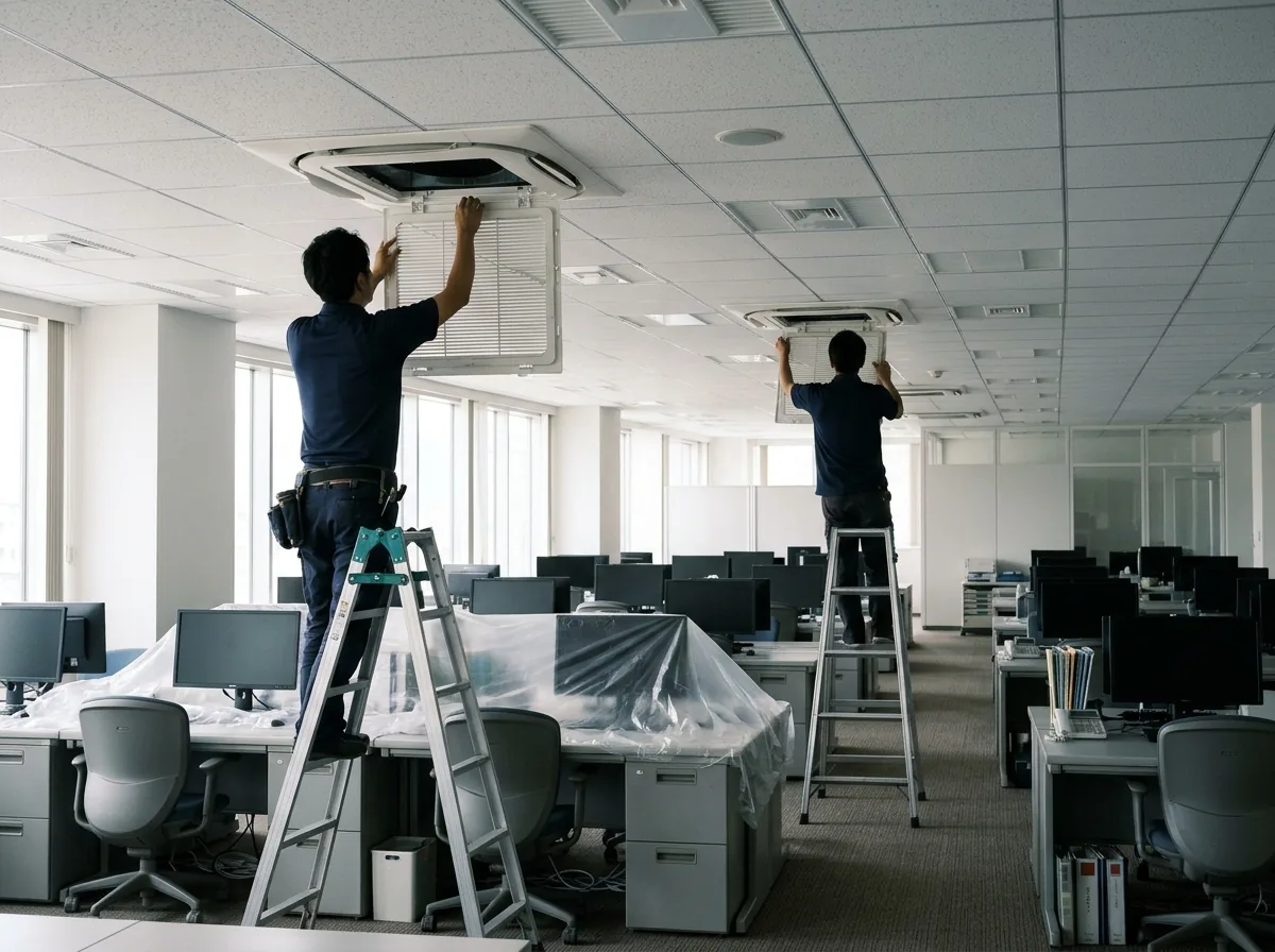 複数の天井埋込エアコンが並ぶ事務所で、二人の作業者が別々の脚立に乗り、それぞれの吸込グリルを外している後ろ姿
