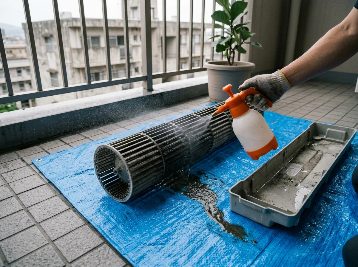 ベランダの青いシートの上に、エアコンから外した円筒形の送風ファンとドレンパンを置き、噴霧器で洗剤を吹き付けている様子