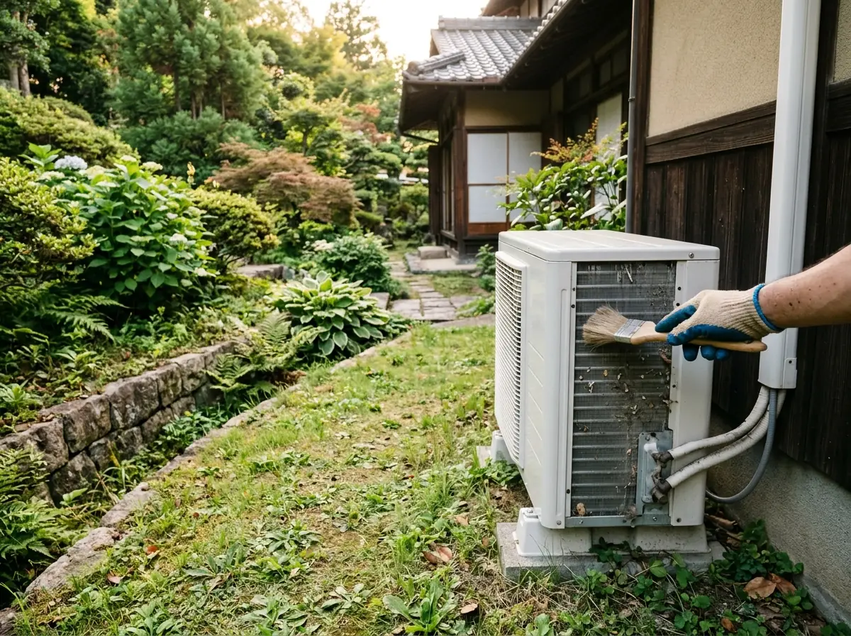 石垣のある傾斜した庭で、家の脇に置いた室外機の裏側のフィンを、手袋をした手がブラシで払っている様子