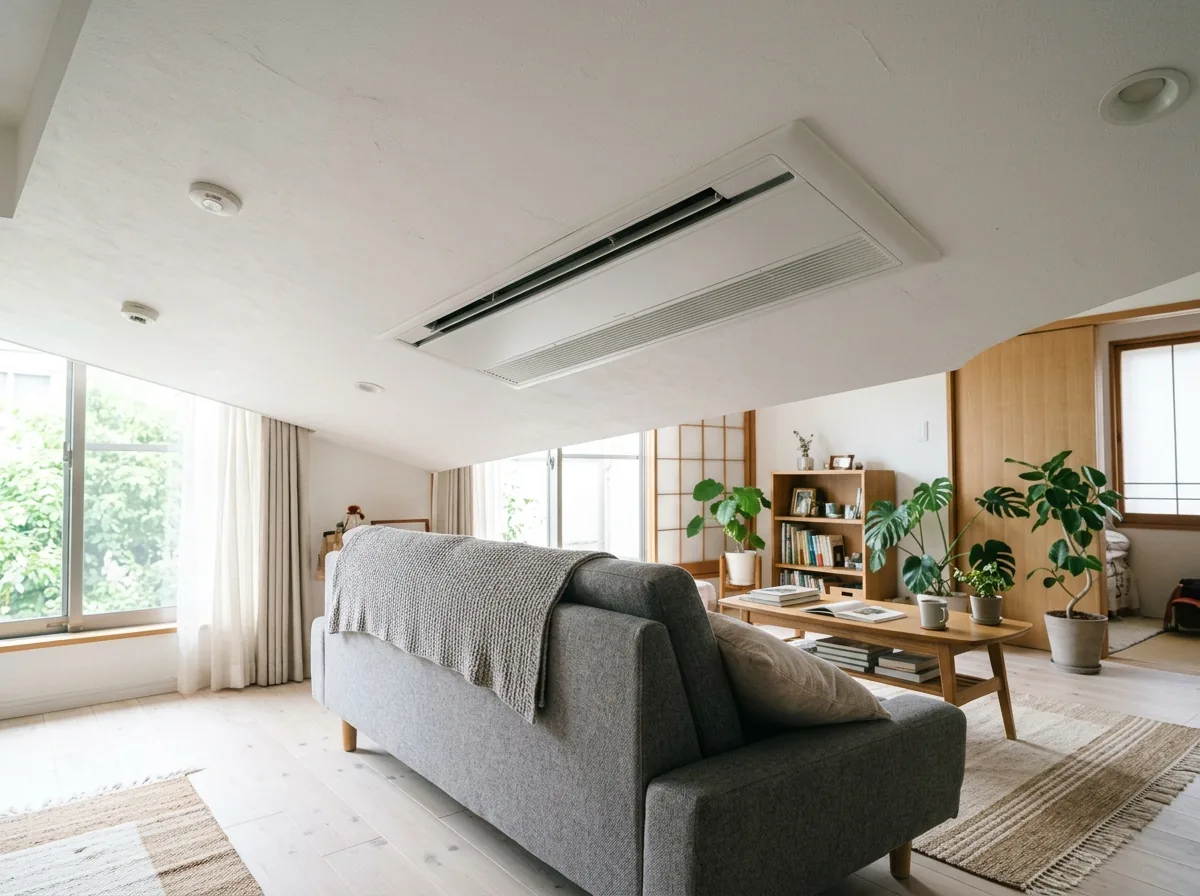 住まいのリビングで、天井に収まった細長い2方向の埋込エアコンを、真下のソファ越しに見上げた様子