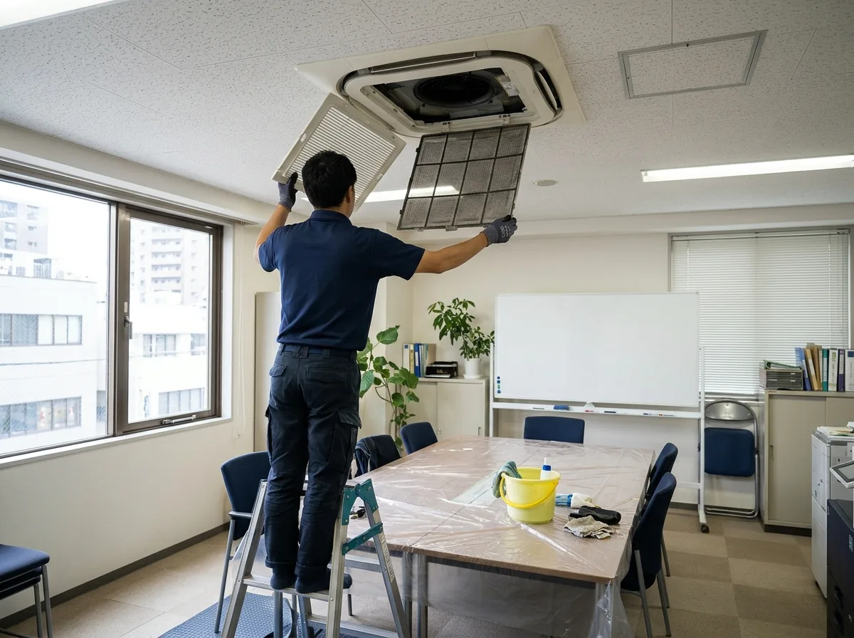 脚立に乗った作業者が、天井埋込エアコンから外した吸込グリルとフィルターを両手で下ろしている後ろ姿