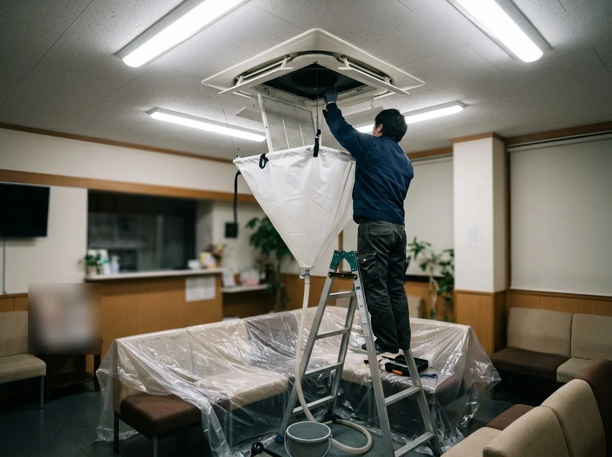 診療所の待合室で、天井埋込エアコンのパネルを外し、下に白い受けを付けて、脚立の作業者が手を伸ばしている様子
