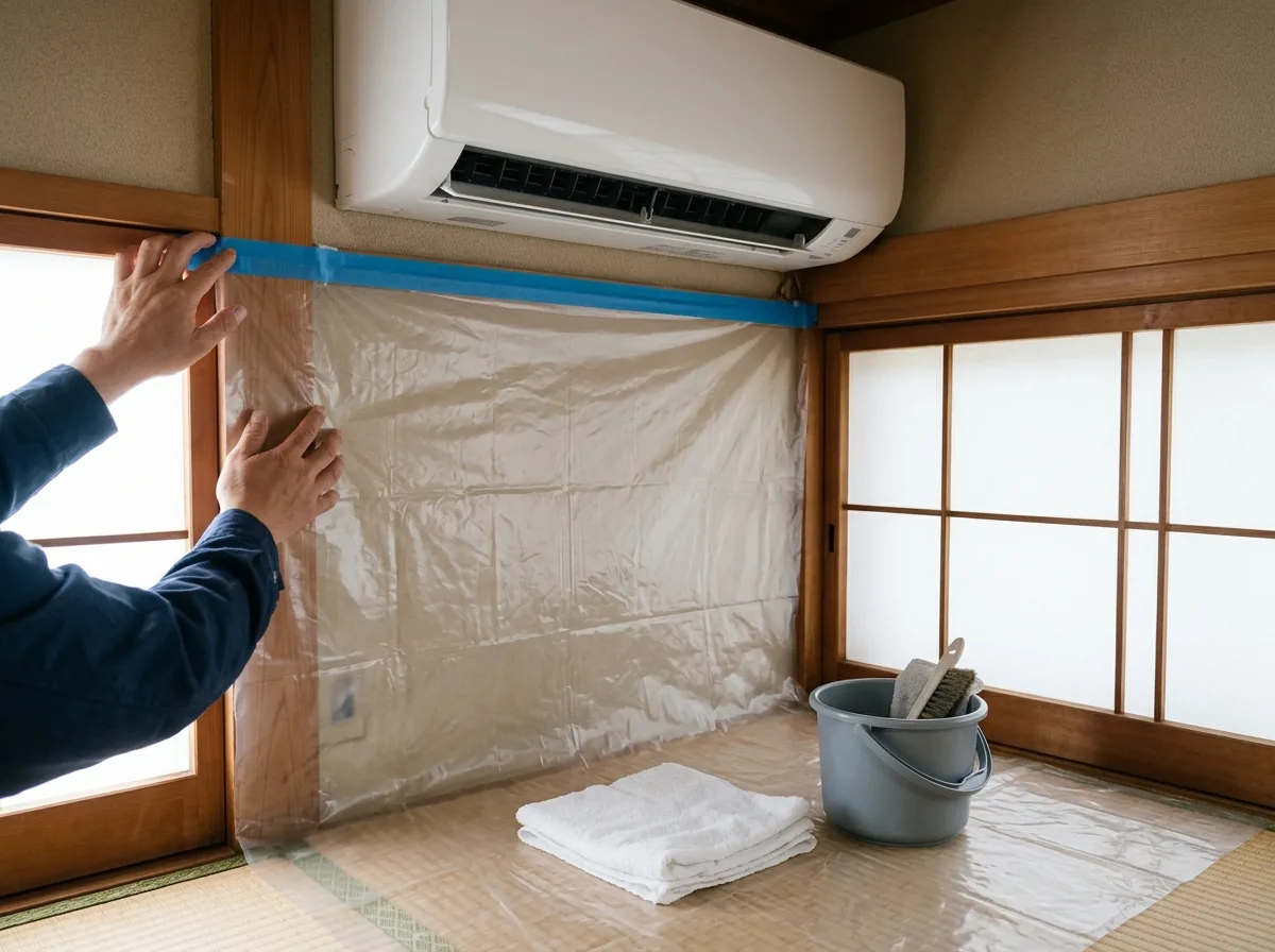 和室の壁掛けエアコンの下で、壁と畳に透明な養生シートをテープで留めている手元